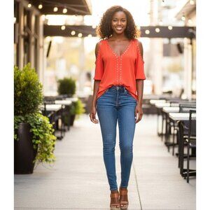 Cold Shoulder Coral Blouse With Studded Front Detail S Miss Tina Polyester Women